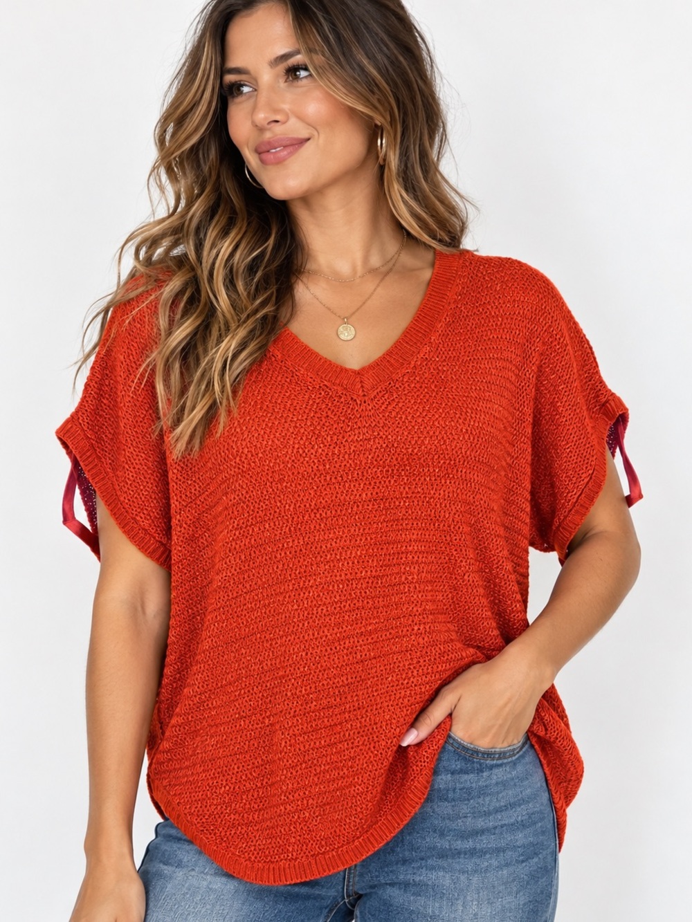 093.New Crochet V-Neck Short Sleeve Knit Top - Orange